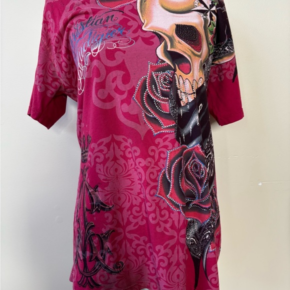 Christian Audigier Men's Red Skull and Rose Tee - Picture 2 of 12